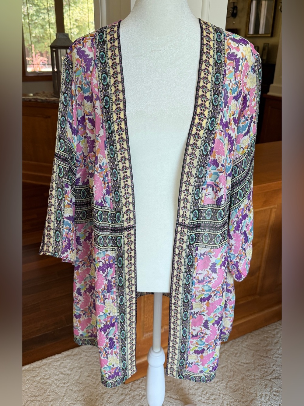 Susan Graver 1X Floral Border Print Open-Front Kimono Jacket - Pink Multi - Picture 2 of 11